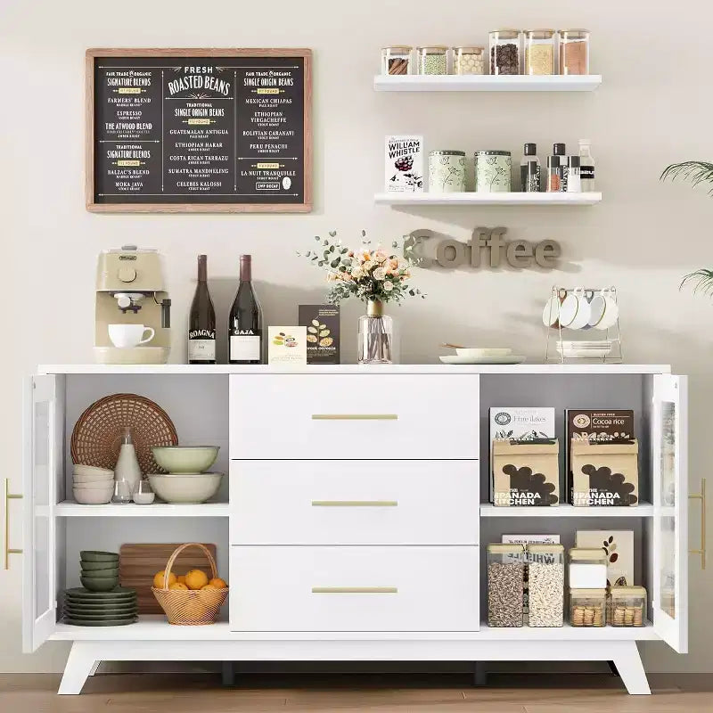 Acekool 56,3 pouces Desserte avec portes en verre cannelé et poignées dorées, meuble de rangement réglable, console multifonction pour salle à manger et cuisine