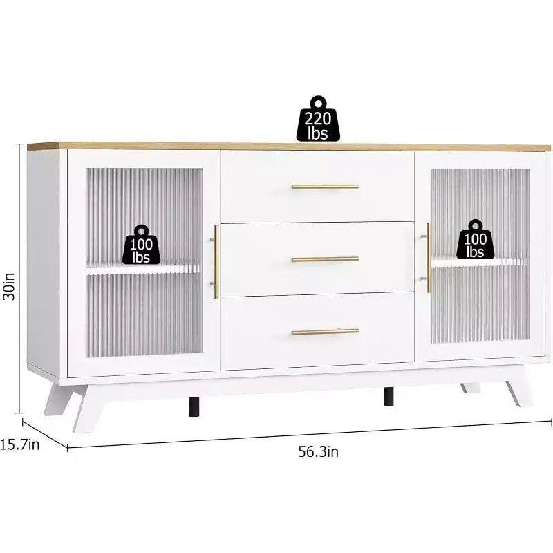 Acekool 56,3 pouces Desserte avec portes en verre cannelé et poignées dorées, meuble de rangement réglable, console multifonction pour salle à manger et cuisine
