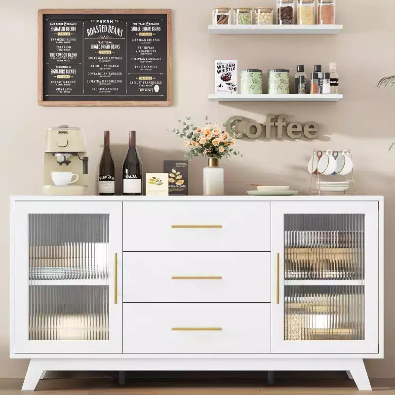 Acekool 56.3 Buffet Server with Fluted Glass Doors & Gold Handles, Adjustable Storage Cabinet, Multi-Functional Console for Dining and Kitchen