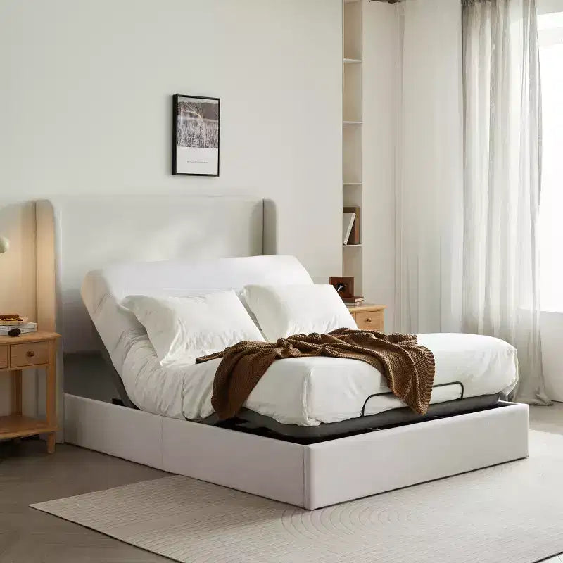 Lit moderne Delara de taille Queen en chenille, de marque Christopher Knight Home, avec base réglable en ensemble.