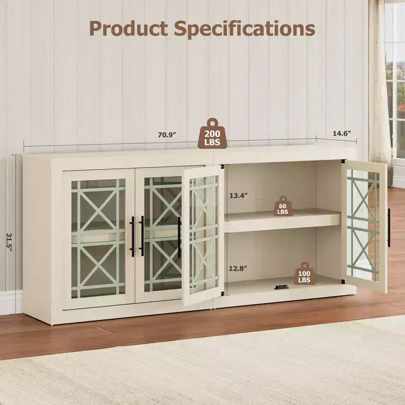 Bahut de 179,8 cm avec 4 portes, buffet moderne de style rustique avec rangements, console multimédia en bois pour le salon et la cuisine