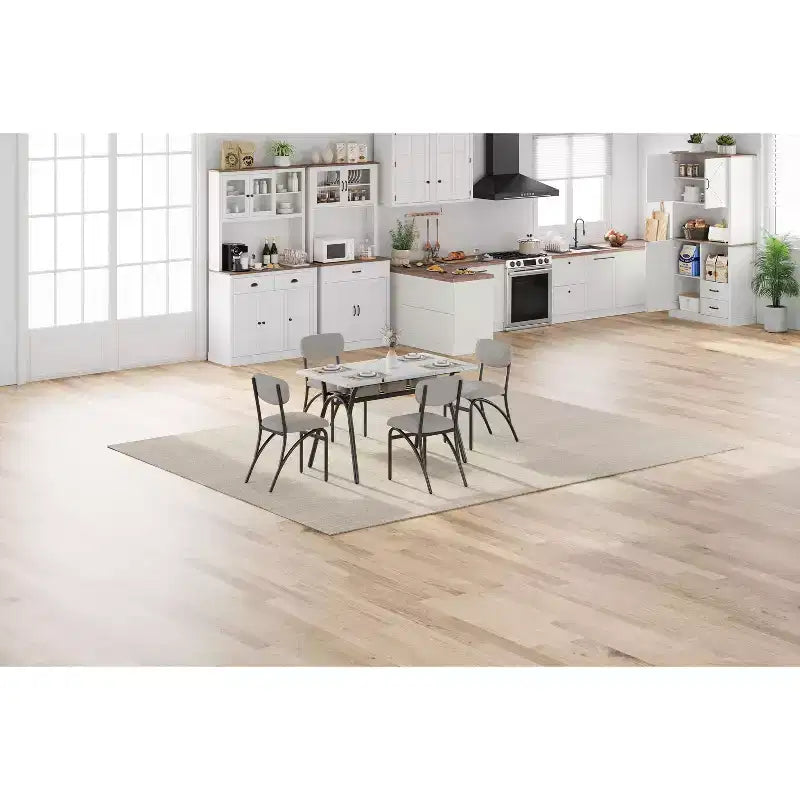 Ensemble de salle à manger 4 pièces avec chaises en tissu bouclé, table rectangulaire effet marbre avec 4 fauteuils rembourrés, ensemble de cuisine compact pour petits espaces