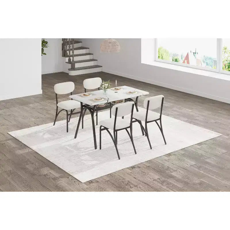 Ensemble de salle à manger 4 pièces avec chaises en tissu bouclé, table rectangulaire effet marbre avec 4 fauteuils rembourrés, ensemble de cuisine compact pour petits espaces