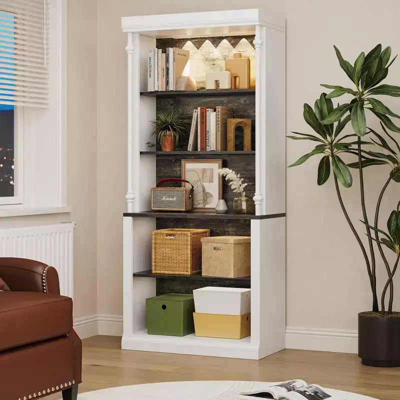 5-Tier Floor Standing Bookshelf with Roman Column Design, White and Warm White Cabinet, Dark Gray Shelving, Modern Open Bookcase for Living Room