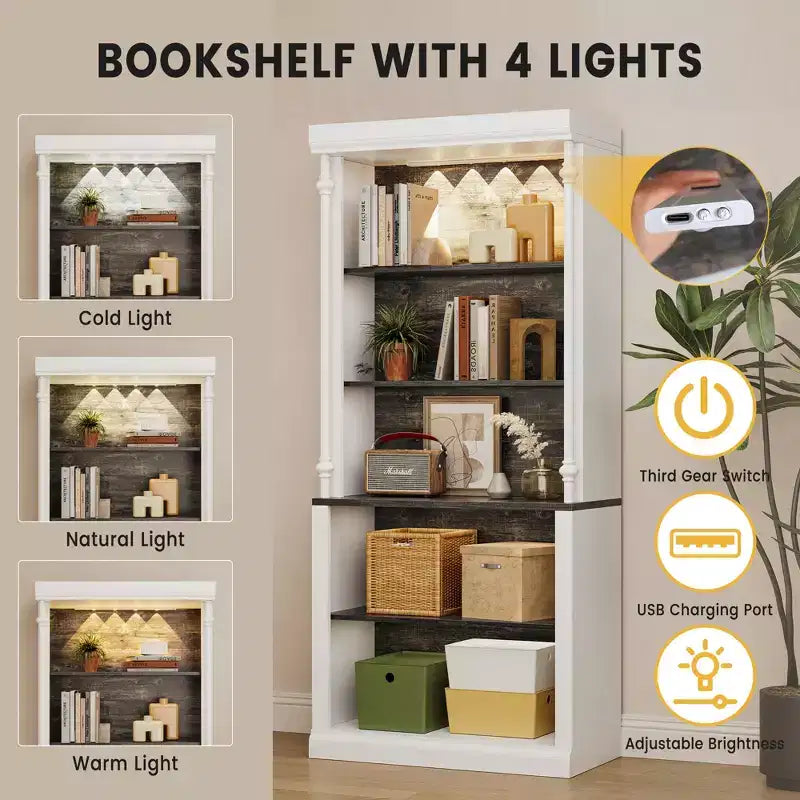 Bibliothèque à 5 niveaux sur pied avec design en colonnes romaines, meuble blanc et blanc chaud, étagères gris foncé, bibliothèque ouverte moderne pour salon