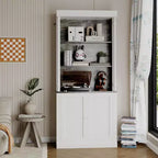 Bibliothèque à 5 niveaux sur pied avec design en colonnes romaines, meuble blanc et blanc chaud, étagères gris foncé, bibliothèque ouverte moderne pour salon