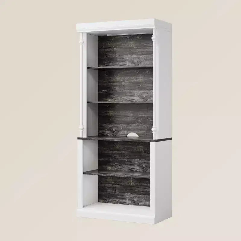 Bibliothèque à 5 niveaux sur pied avec design en colonnes romaines, meuble blanc et blanc chaud, étagères gris foncé, bibliothèque ouverte moderne pour salon