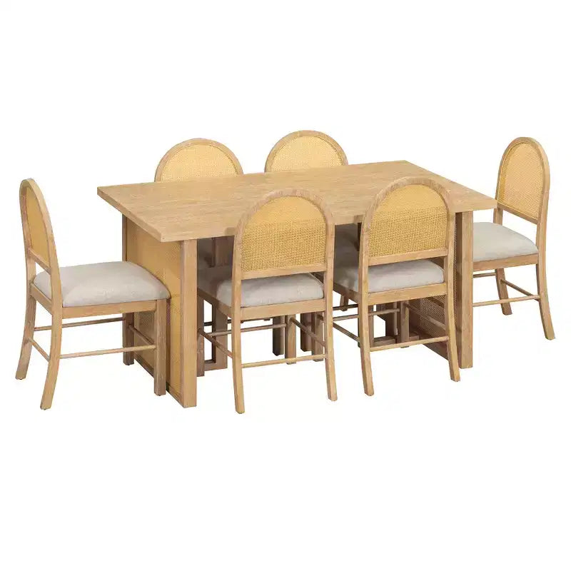 Ensemble table à manger 7 pièces pour 6 personnes, table à manger rectangulaire de 152 cm avec chaises rembourrées, table de petit-déjeuner en rotin pour cuisine, salle à manger