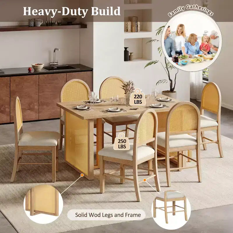 Ensemble table à manger 7 pièces pour 6 personnes, table à manger rectangulaire de 152 cm avec chaises rembourrées, table de petit-déjeuner en rotin pour cuisine, salle à manger