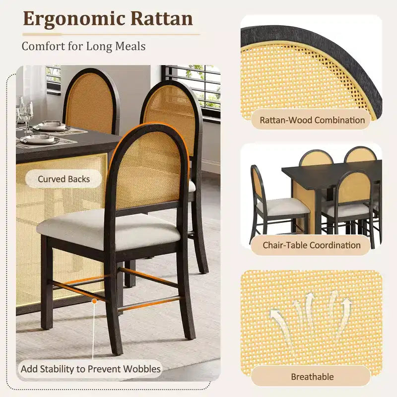 Ensemble table à manger 7 pièces pour 6 personnes, table à manger rectangulaire de 152 cm avec chaises rembourrées, table de petit-déjeuner en rotin pour cuisine, salle à manger