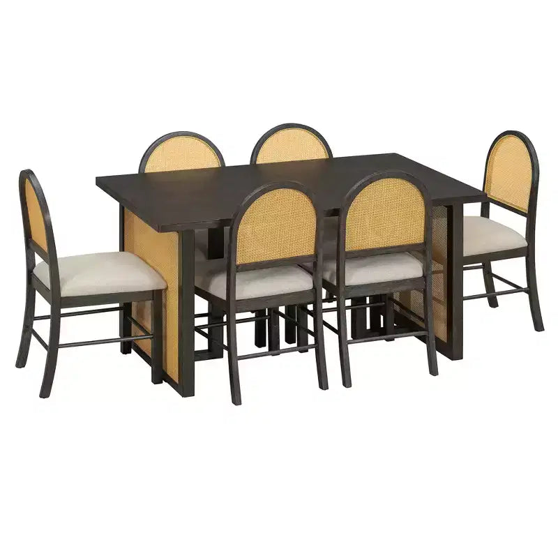 Ensemble table à manger 7 pièces pour 6 personnes, table à manger rectangulaire de 152 cm avec chaises rembourrées, table de petit-déjeuner en rotin pour cuisine, salle à manger