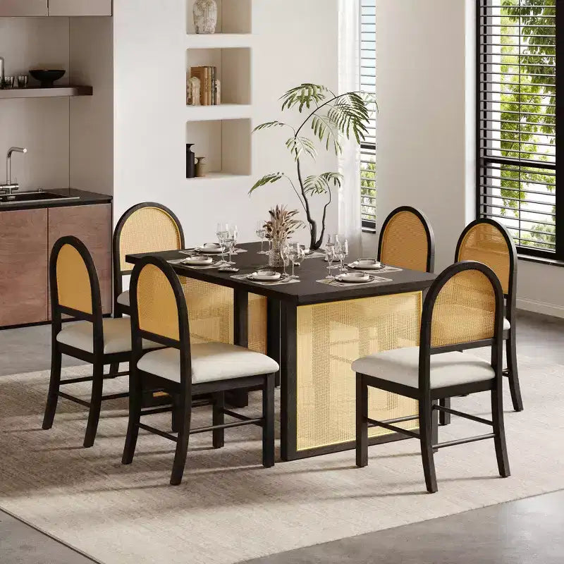 Ensemble table à manger 7 pièces pour 6 personnes, table à manger rectangulaire de 152 cm avec chaises rembourrées, table de petit-déjeuner en rotin pour cuisine, salle à manger