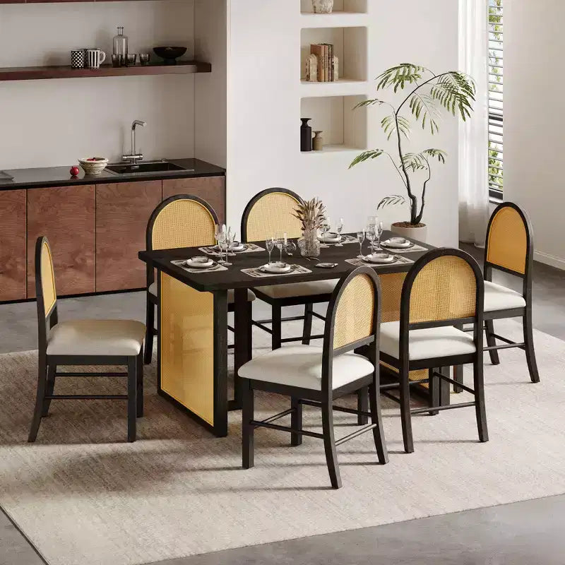 7 Piece Dining Table Set for 6, 59.8 Rectangular Dining Table with Upholstered Chair, Rattan Breakfast Table for Kitchen, Dining Room