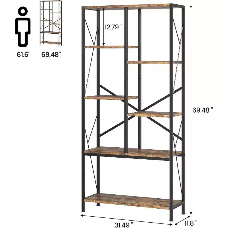 Étagère industrielle à 5 niveaux, étagère ouverte vintage, bibliothèque rustique sur pied, organisateur de rangement pour bureau à domicile, salon, chambre à coucher, marron+noir