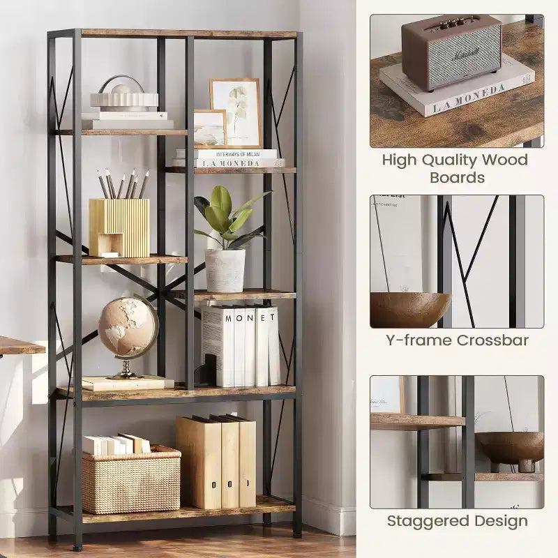 Étagère industrielle à 5 niveaux, étagère ouverte vintage, bibliothèque rustique sur pied, organisateur de rangement pour bureau à domicile, salon, chambre à coucher, marron+noir