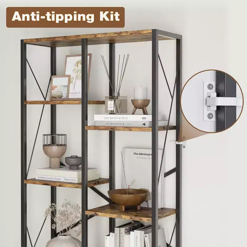 Étagère industrielle à 5 niveaux, étagère ouverte vintage, bibliothèque rustique sur pied, organisateur de rangement pour bureau à domicile, salon, chambre à coucher, marron+noir