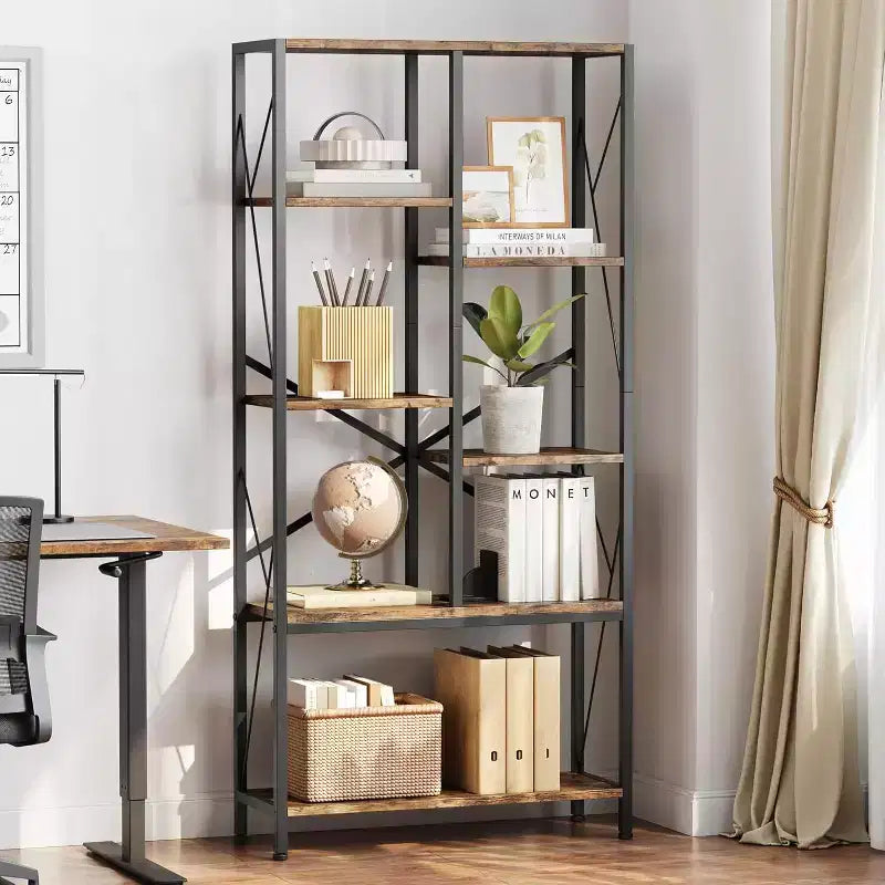 Étagère industrielle à 5 niveaux, étagère ouverte vintage, bibliothèque rustique sur pied, organisateur de rangement pour bureau à domicile, salon, chambre à coucher, marron+noir