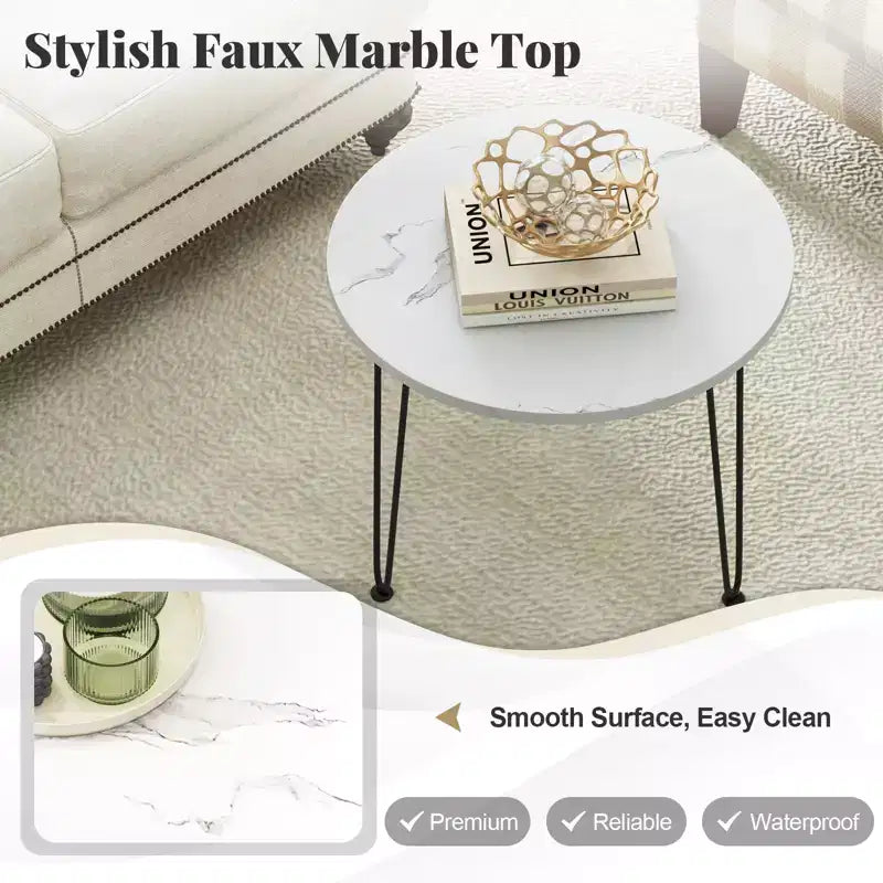 Table basse Costway aspect marbre avec pieds en métal pour salon/bureau, blanc
