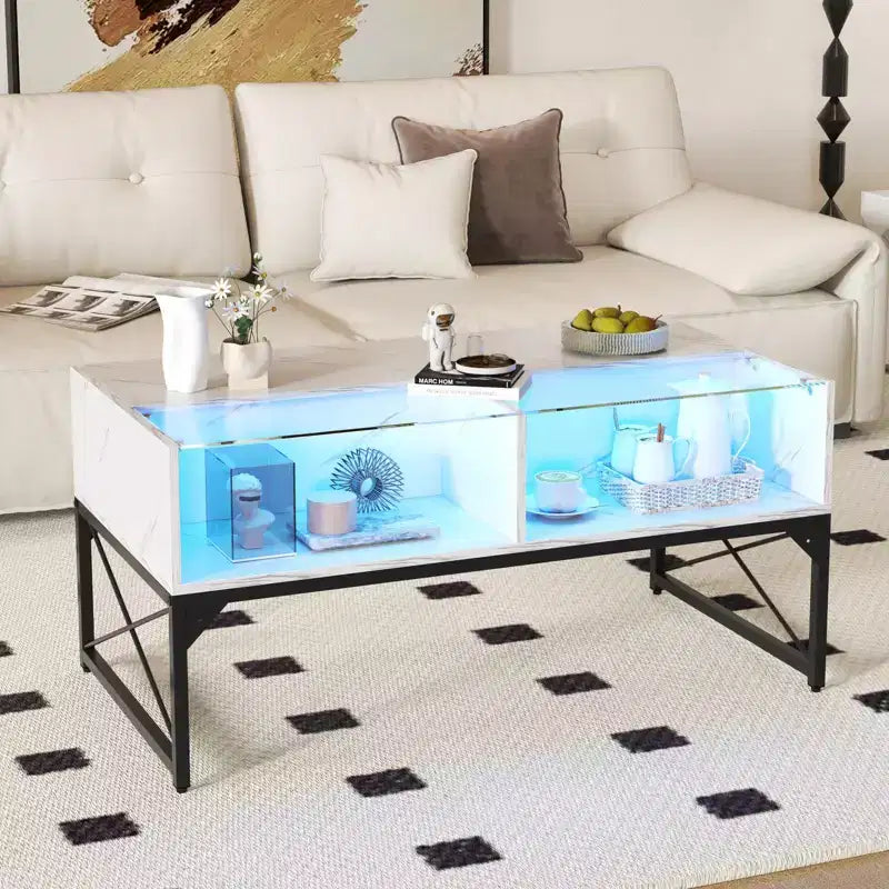 Table basse LED Costway avec 4 cubes de rangement, plateau en faux marbre et verre trempé pour salon, blanc