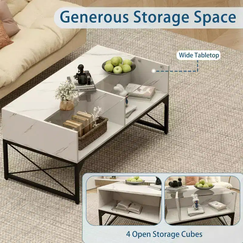 Table basse LED Costway avec 4 cubes de rangement, plateau en faux marbre et verre trempé pour salon, blanc