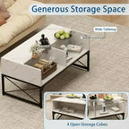 Table basse LED Costway avec 4 cubes de rangement, plateau en faux marbre et verre trempé pour salon, blanc