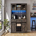 72in Tall Modern Farmhouse Coffee Bar Cabinet, Kitchen Buffet with Sliding Barn Doors, LED Lights, Power Outlets, Drawers, Wine Glass Rack