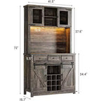 Meuble de bar à café de ferme moderne de 183 cm de haut, buffet de cuisine avec portes coulissantes de grange, lumières LED, prises de courant, tiroirs, porte-verres à vin