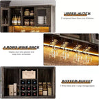 Meuble de bar à café de ferme moderne de 183 cm de haut, buffet de cuisine avec portes coulissantes de grange, lumières LED, prises de courant, tiroirs, porte-verres à vin