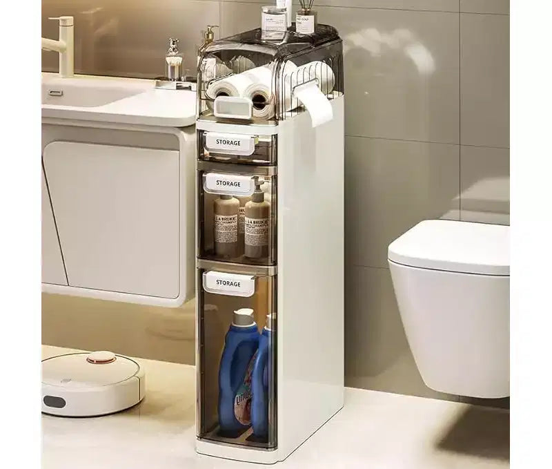 Meuble de Rangement Fin à 4 Niveaux avec Roulettes, Organiseur Autonome de 18 cm de Large avec 3 Tiroirs et Porte-Papier Toilette, pour Salle de Bain, Cuisine