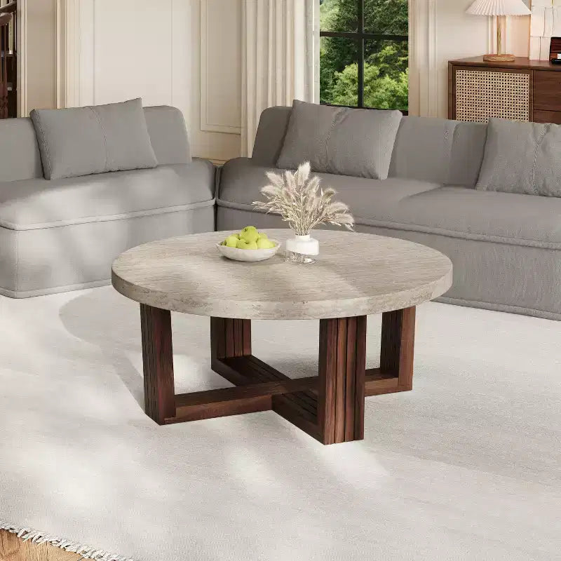 Table basse ronde moderne Christopher Knight Home Zarya avec plateau à motif marbre et piètement croisé