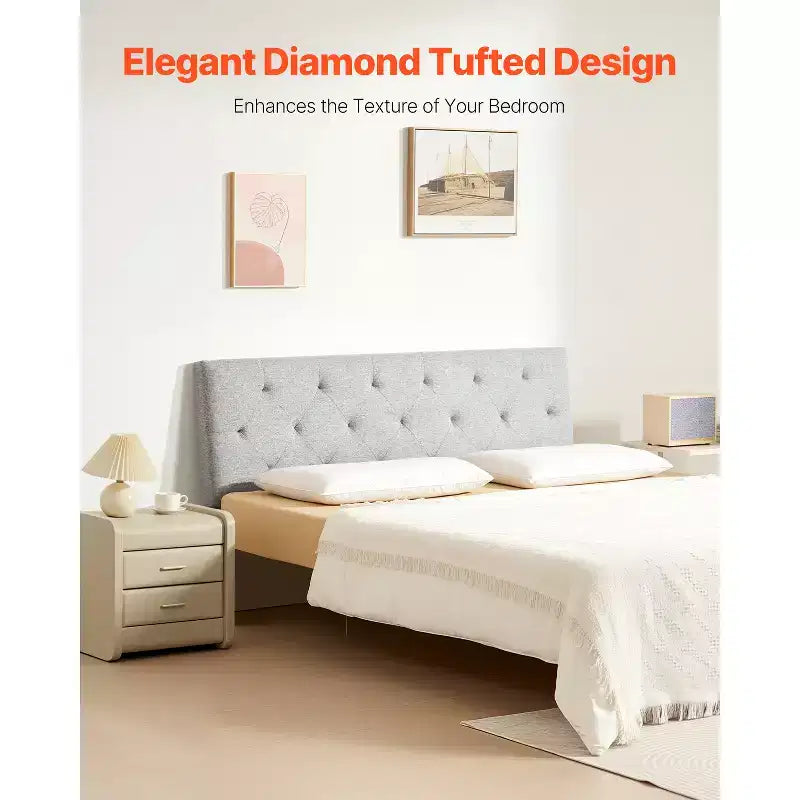 VEVOR Tête de lit, Tête de lit pleine grandeur avec hauteur réglable, capitonnage diamant confortable pour lit double, L 143 x H 90,4-120,4 cm, Gris clair