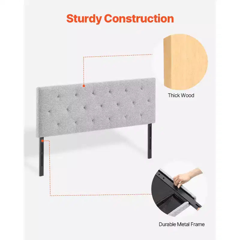 VEVOR Tête de lit, Tête de lit pleine grandeur avec hauteur réglable, capitonnage diamant confortable pour lit double, L 143 x H 90,4-120,4 cm, Gris clair