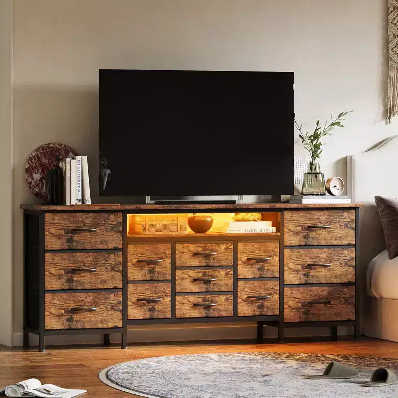Commode à 13 tiroirs en tissu pour chambre à coucher, meuble TV long avec prise de courant et lumière LED