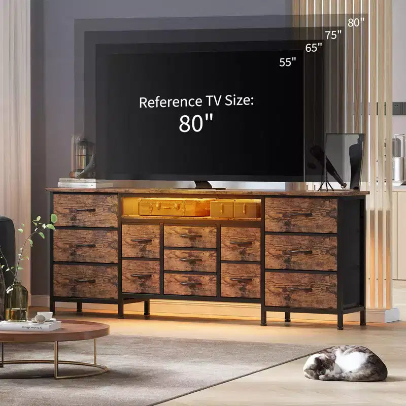 Commode à 13 tiroirs en tissu pour chambre à coucher, meuble TV long avec prise de courant et lumière LED