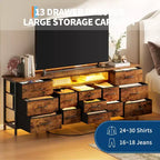 Commode à 13 tiroirs en tissu pour chambre à coucher, meuble TV long avec prise de courant et lumière LED