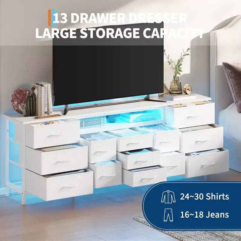 Commode à 13 tiroirs en tissu pour chambre à coucher, meuble TV long avec prise de courant et lumière LED