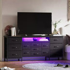 Commode à 13 tiroirs en tissu pour chambre à coucher, meuble TV long avec prise de courant et lumière LED