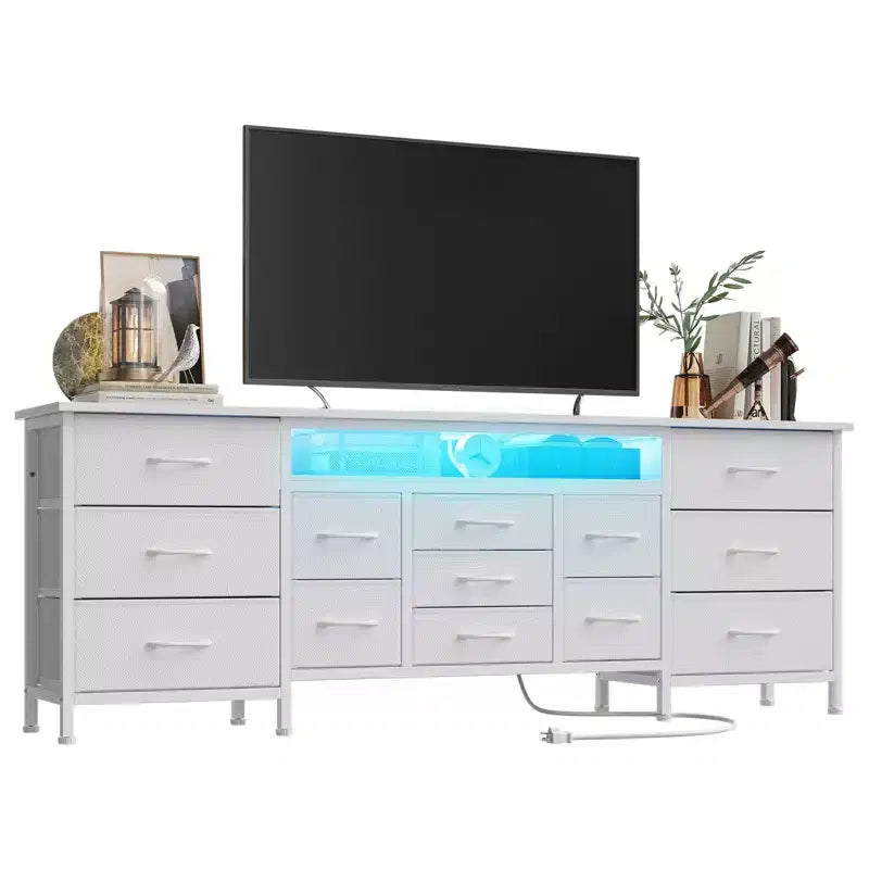 Commode à 13 tiroirs en tissu pour chambre à coucher, meuble TV long avec prise de courant et lumière LED