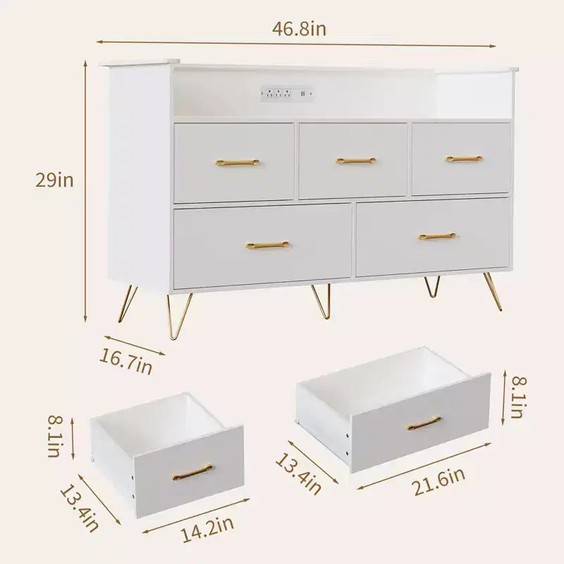 Commode à 5 tiroirs pour chambre à coucher, commode moderne avec lumières LED et station de recharge, organisateur de rangement de vêtements compact en bois