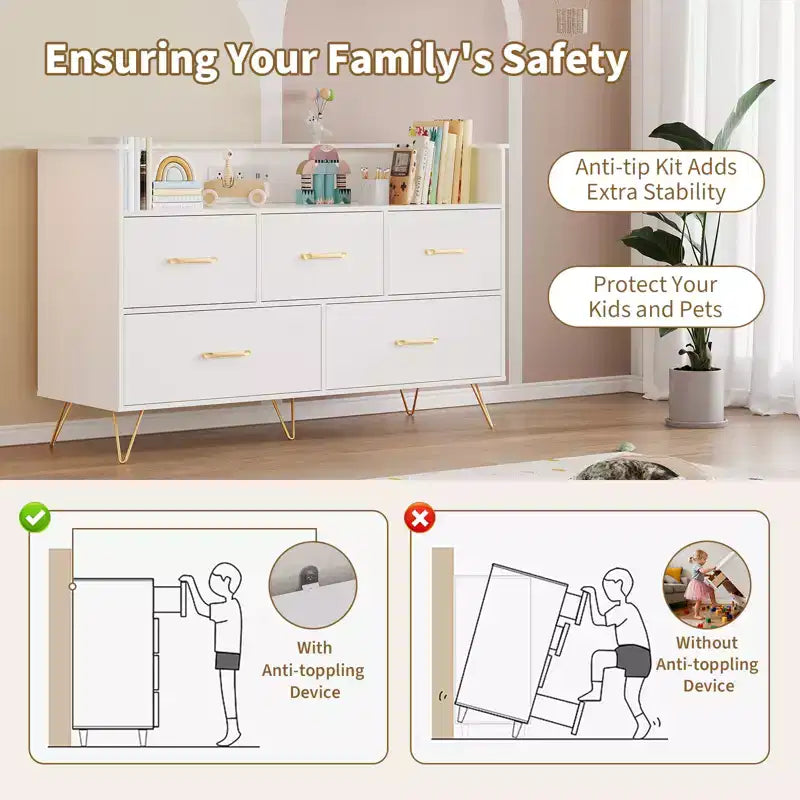 Commode à 5 tiroirs pour chambre à coucher, commode moderne avec lumières LED et station de recharge, organisateur de rangement de vêtements compact en bois