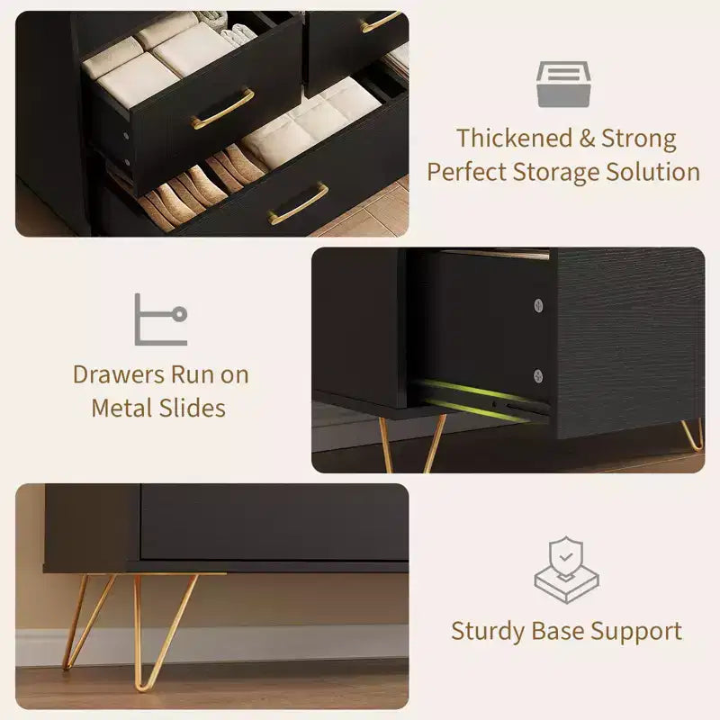 Commode à 5 tiroirs pour chambre à coucher, commode moderne avec lumières LED et station de recharge, organisateur de rangement de vêtements compact en bois