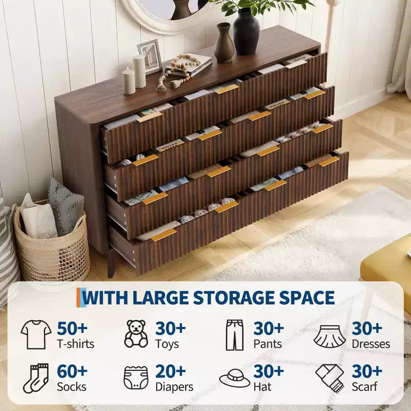 Commode à 9 tiroirs pour chambre à coucher, commode en bois de 137 cm avec poignées dorées, commode cannelée pour meuble TV, organisateur de rangement pour vêtements pour salon