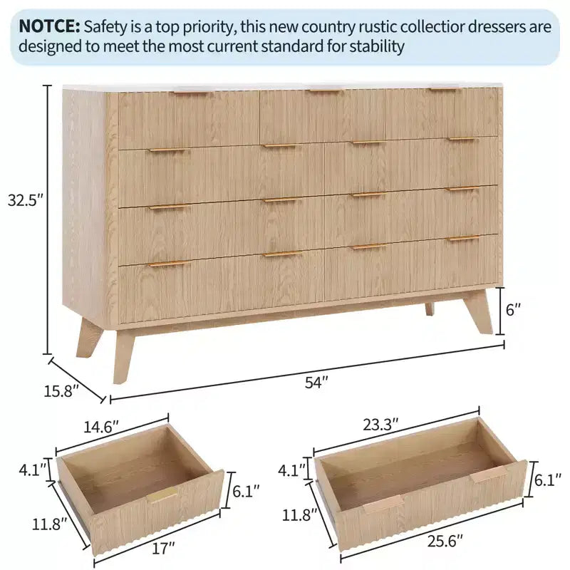 Commode à 9 tiroirs pour chambre à coucher, commode en bois de 137 cm avec poignées dorées, commode cannelée pour meuble TV, organisateur de rangement pour vêtements pour salon