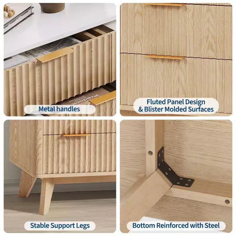 Commode à 9 tiroirs pour chambre à coucher, commode en bois de 137 cm avec poignées dorées, commode cannelée pour meuble TV, organisateur de rangement pour vêtements pour salon