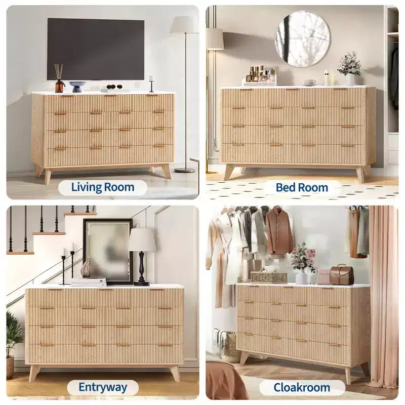 Commode à 9 tiroirs pour chambre à coucher, commode en bois de 137 cm avec poignées dorées, commode cannelée pour meuble TV, organisateur de rangement pour vêtements pour salon
