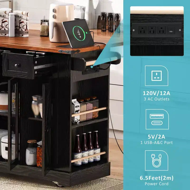 Îlot de cuisine roulant noir de style ferme de 53 pouces avec plateau rabattable pour cuisine et salle à manger