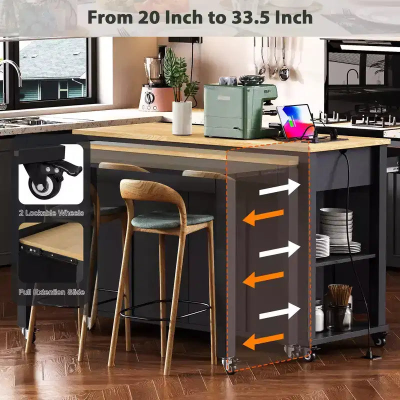 Îlot de cuisine noir de 47 pouces avec table à manger extensible, table de cuisine en placage de bois d'hévéa avec étagère de rangement interne