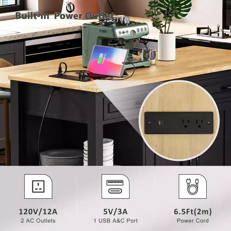 Îlot de cuisine noir de 47 pouces avec table à manger extensible, table de cuisine en placage de bois d'hévéa avec étagère de rangement interne