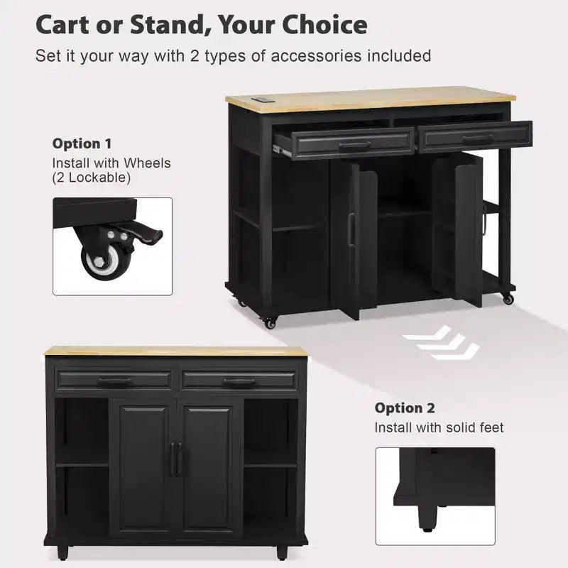 Îlot de cuisine noir de 47 pouces avec table à manger extensible, table de cuisine en placage de bois d'hévéa avec étagère de rangement interne