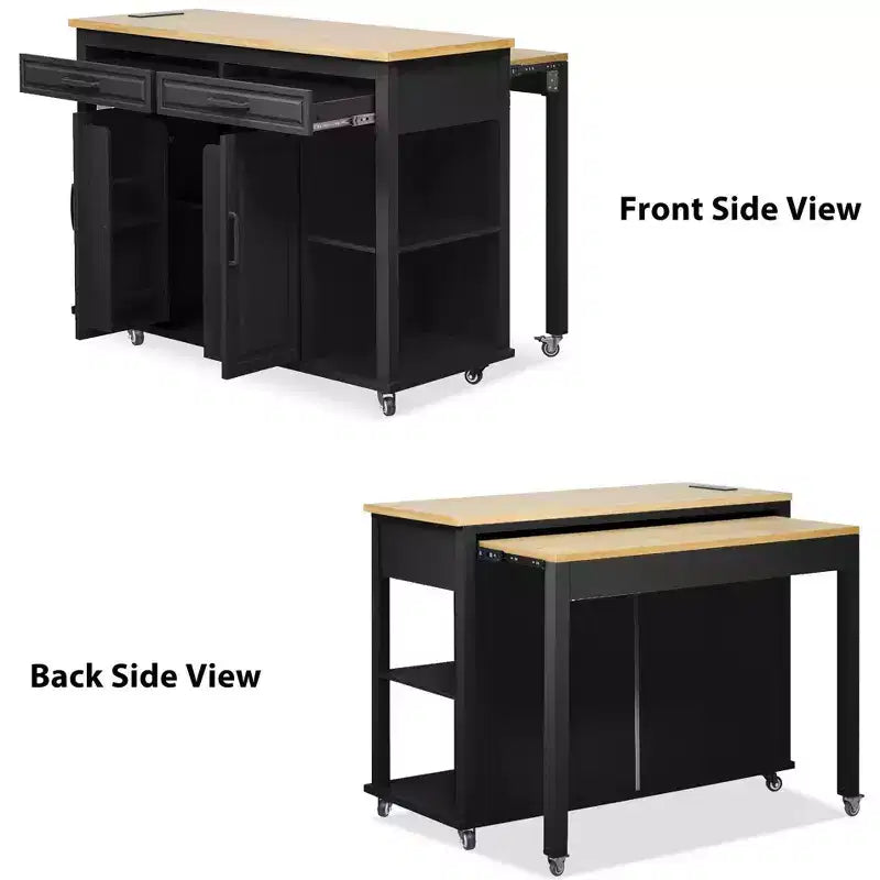 Îlot de cuisine noir de 47 pouces avec table à manger extensible, table de cuisine en placage de bois d'hévéa avec étagère de rangement interne